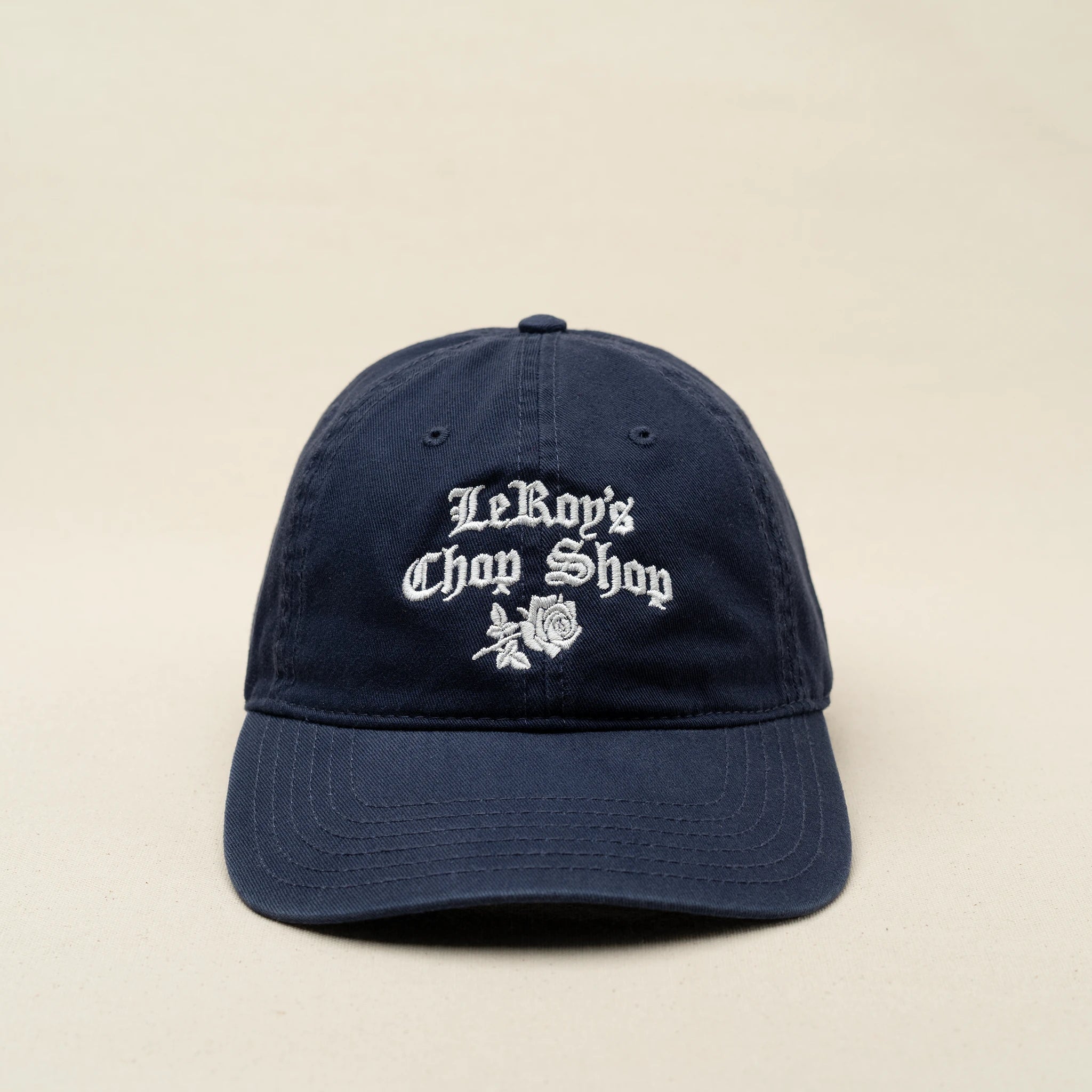 Gorra de papá azul marino bordada de LeRoy's Chop Shop