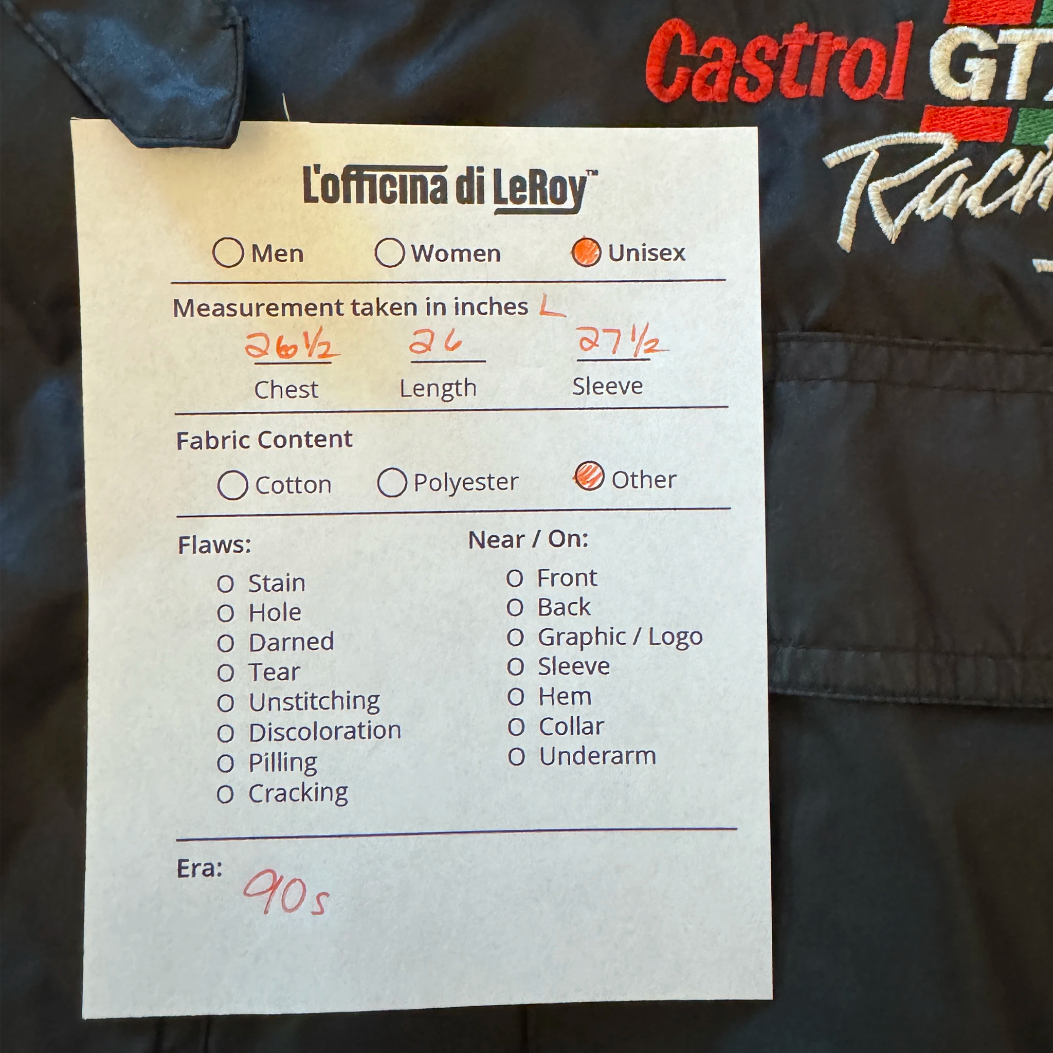 Grande veste de course MV Sport Castrol GTX des années 1990